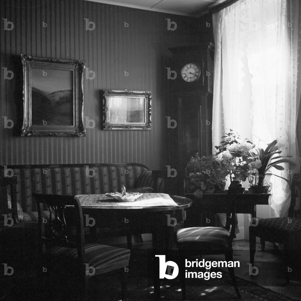 Hotel lobby at Triberg in Black Forest, Germany 1930s (b/w photo)