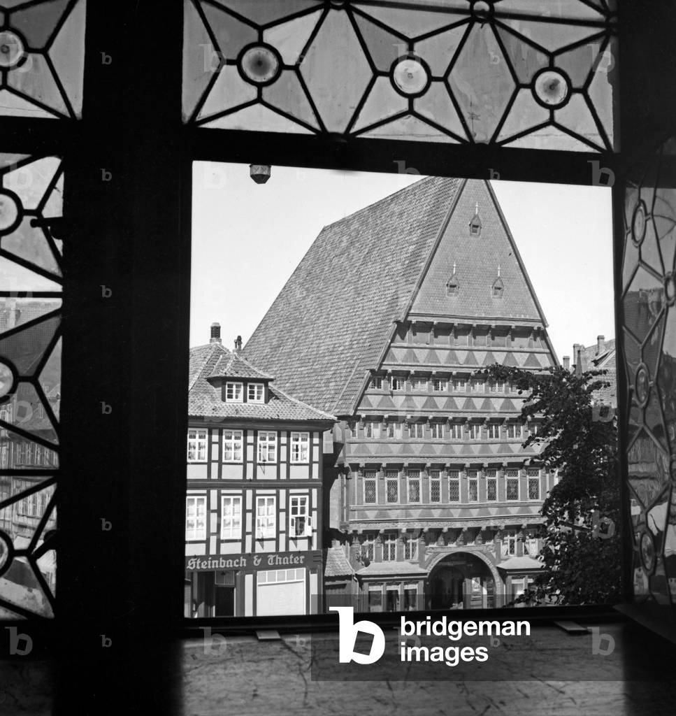 The Butchers' Guild Hall at Hanover through an opposite window, Germany 1930s (b/w photo)