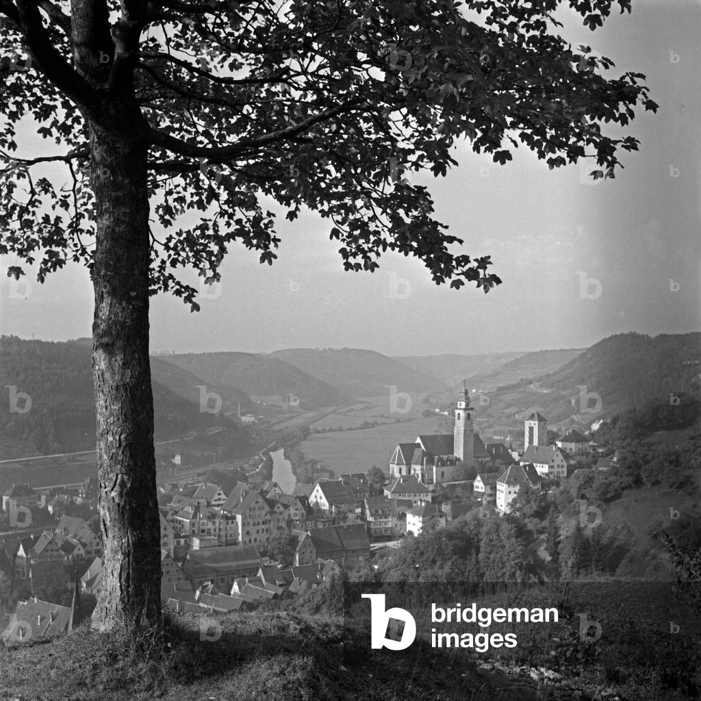 View from a hill to the town of Horb at river Neckar, Germany 1930s (b/w photo)