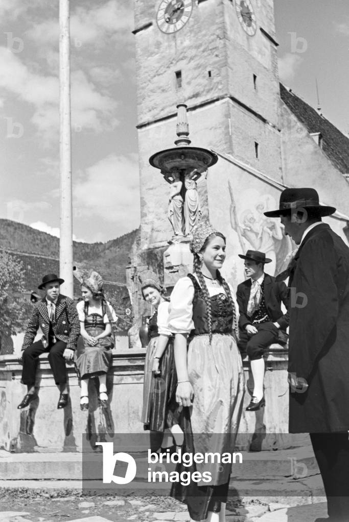 Villager in Austria celebrating the Dance into May, Germany 1930s (b/w photo)