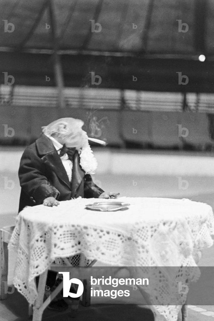 A monkey in the circus ring in a circus in Karlsbad, Germany 1930s (b/w photo)