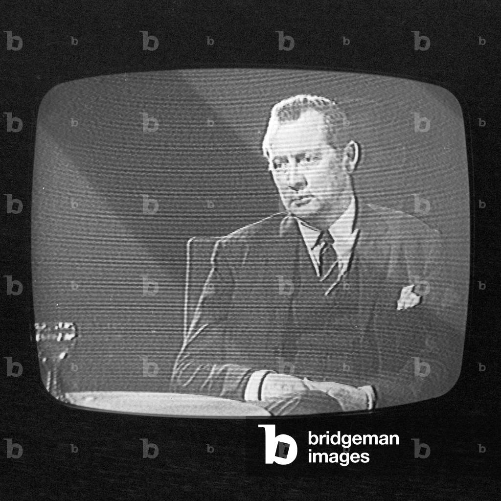 German newspaper editor Axel Caesar Springer in a TV show, Germany 1960s. Picture taken from the screen