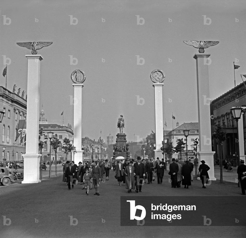 German capital Berlin is decorated for the visit of Italian duce Benito Mussolini in September 1937 (b/w photo)