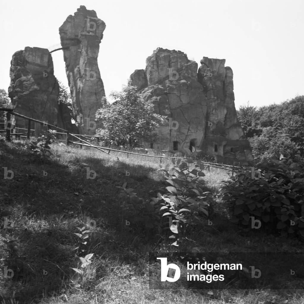 Externsteine rock formation near Horn at Teutoburg Forest, Germany 1930s (b/w photo)