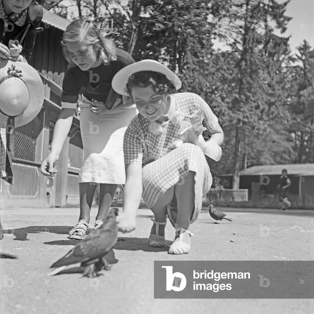 Three young women feeding pigeons at Wilhelma zoological gardens at Stuttgart, Germany 1930s (b/w photo)