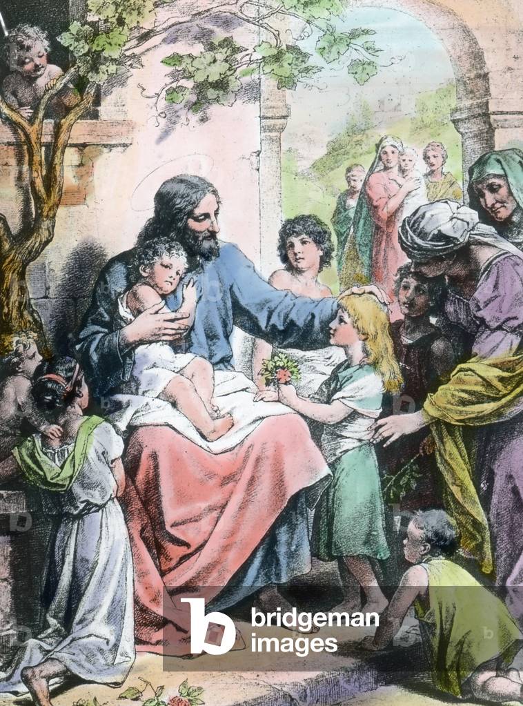 Let the children come: Jesus and the children. illustration (unknown). Image date: circa 1900. Carl Simon Archive