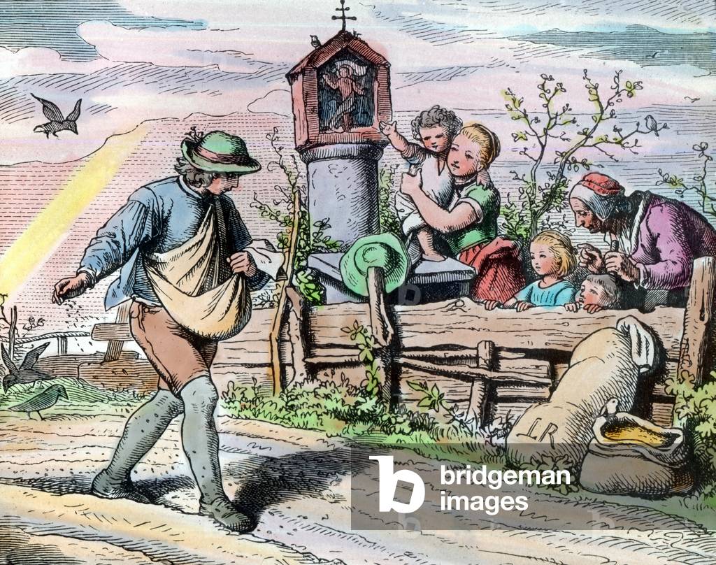 Engraving depicting a sowing farmer, Germany 1920s