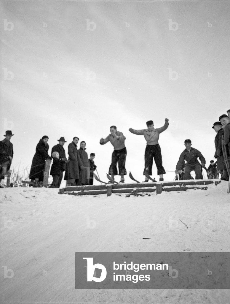 On the ski jump of Zinten skiing region, East Prussia, 1930s (b/w photo)
