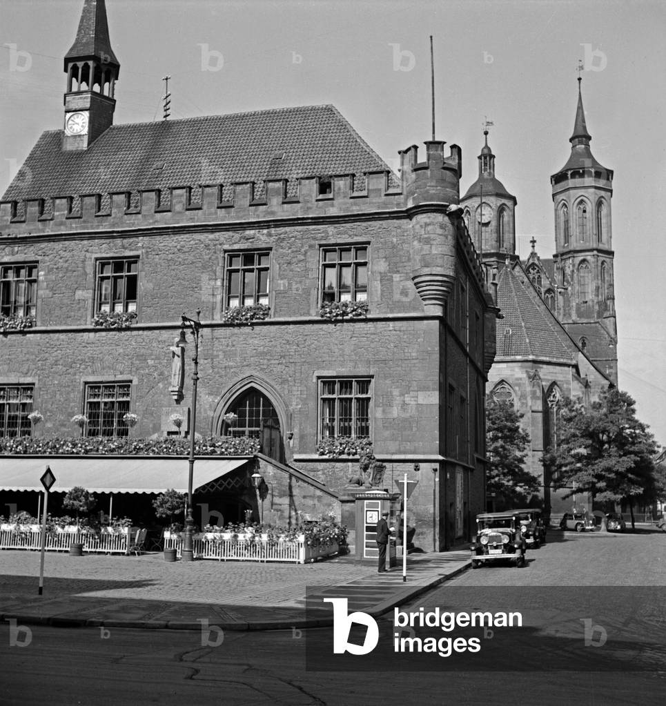 The old city hall and the St John'c church at Goettingen, Germany 1930s (b/w photo)