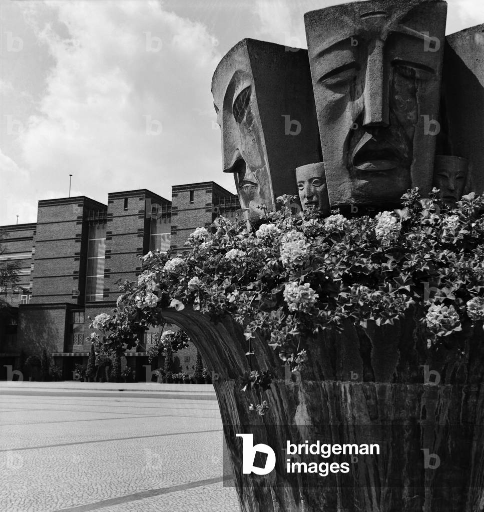 Relief near the Magdeburg exhibition hall, Germany 1930s (b/w photo)