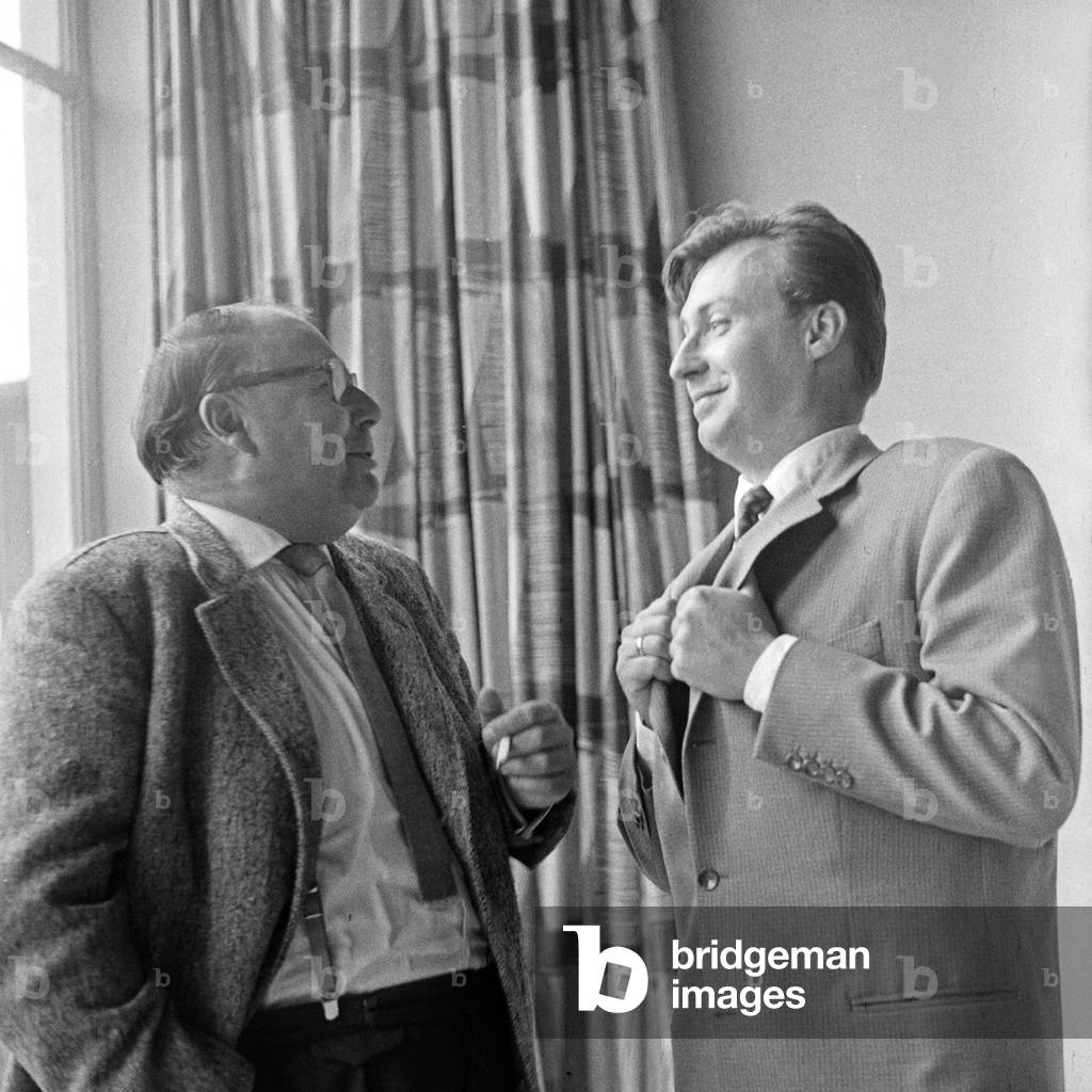 German actors Heinz Erhardt and Peter Alexander being silly while a production break, Germany 1950s