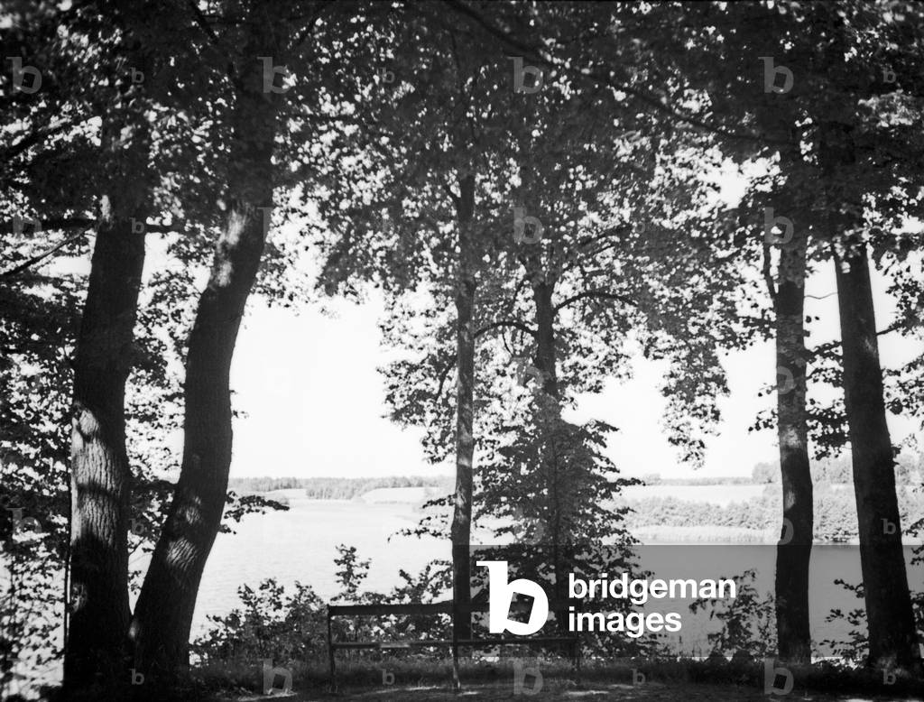View to the Alle water reservoir near Friedland, East Prussia, 1930s (b/w photo)