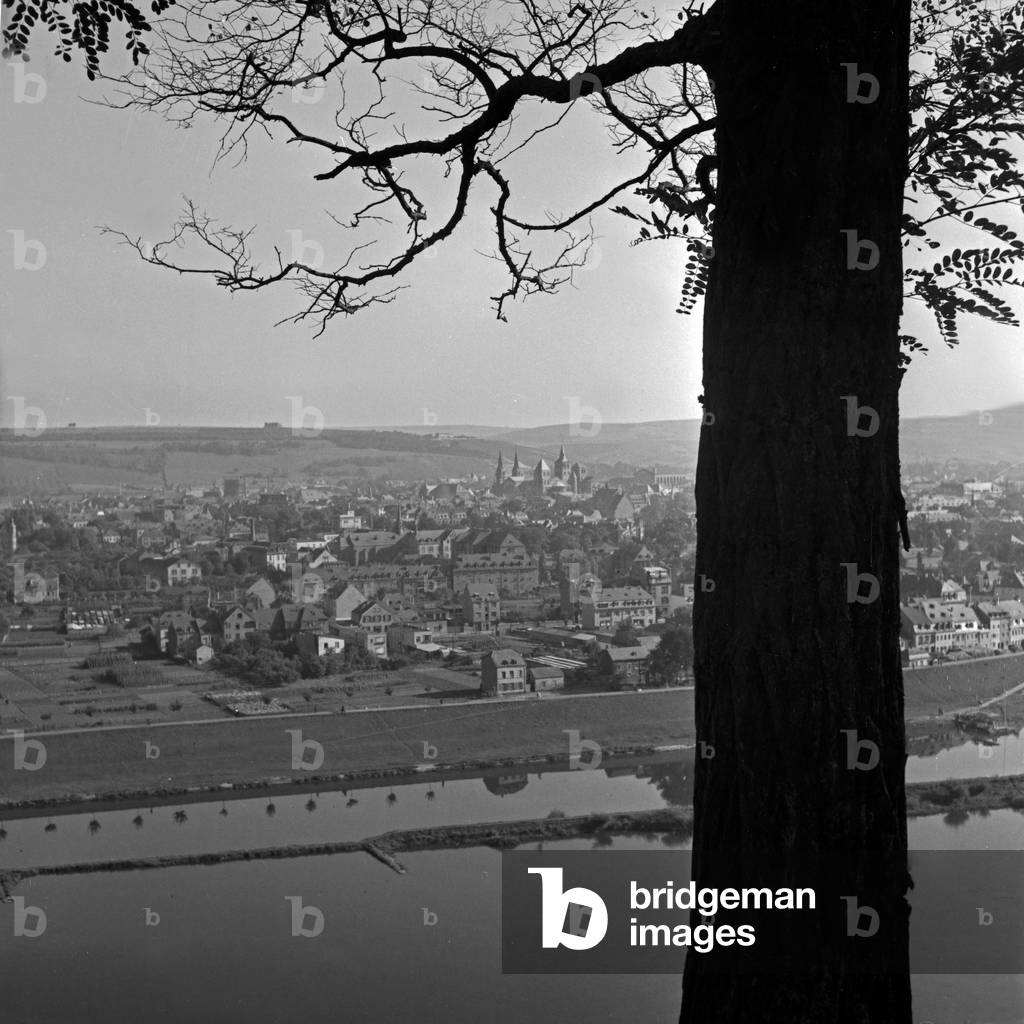 View from a hill to Trier at river Moselle, Germany 1930s (b/w photo)