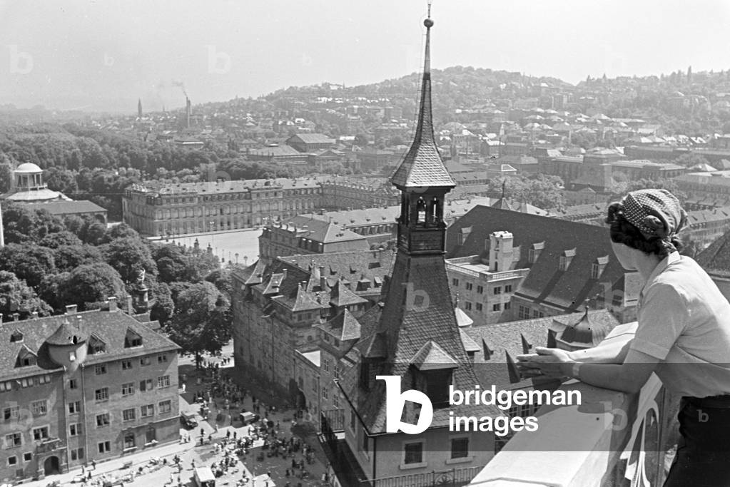 View over the inner city of Stuttgart from the old townhall that was destroyed during the Second World War, Germany 1930s (b/w photo)