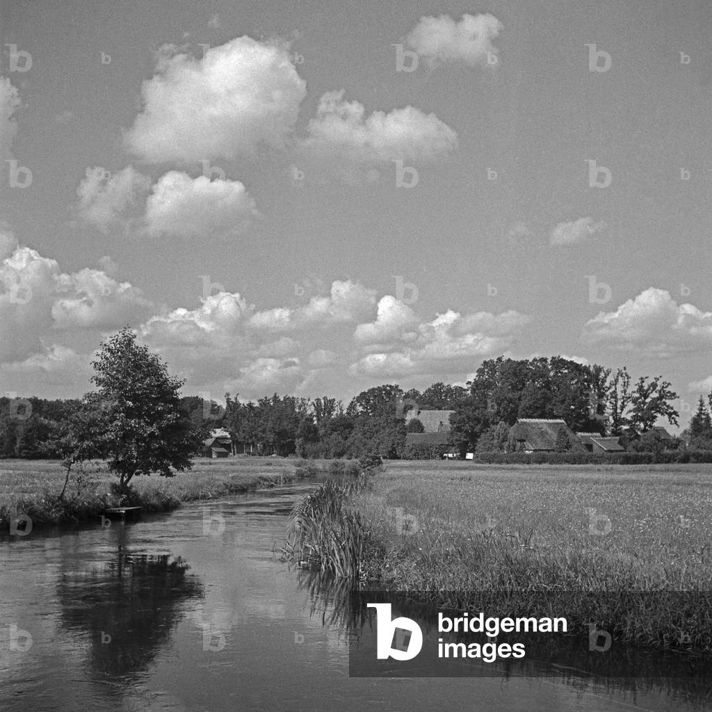 View to river Oertze at Luneburg Heath area, Germany 1930s (b/w photo)