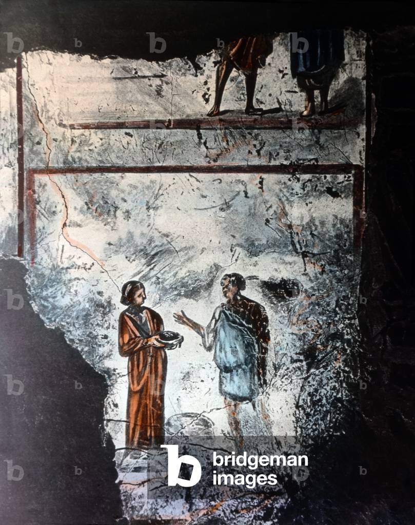 This wall painting depicts Jesus Christ with the Samaritan woman, catacombs alongside the Via Appia at Rome, Italy