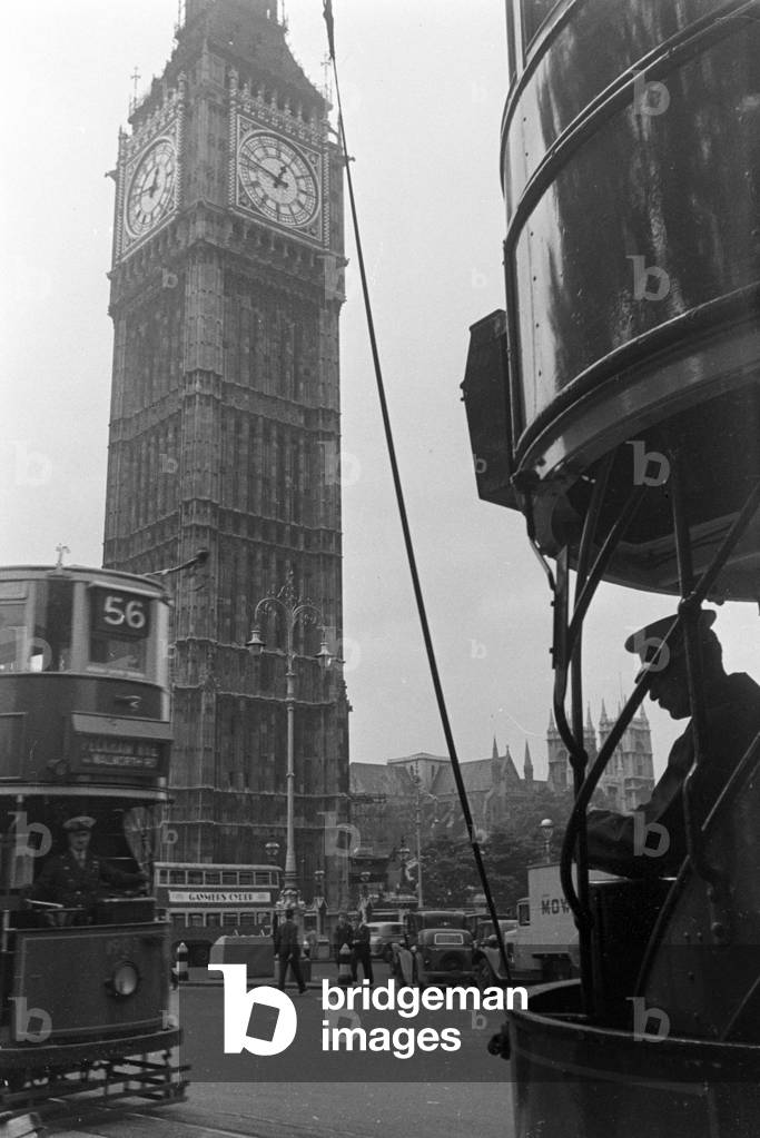 At the houses of parliament in London, 1930s (b/w photo)