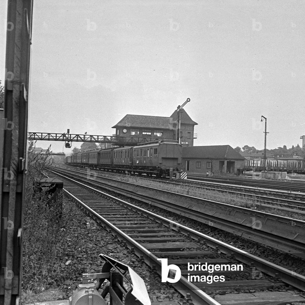 Railway with gantry style signal tower of the Deutsche Bundesbahn, Germany 1950s