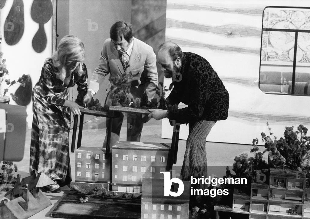 Austrian artist Friedensreich Hundertwasser in a German TV show hosted by Dietmar Schoenherr and Vivi Bach, 1972