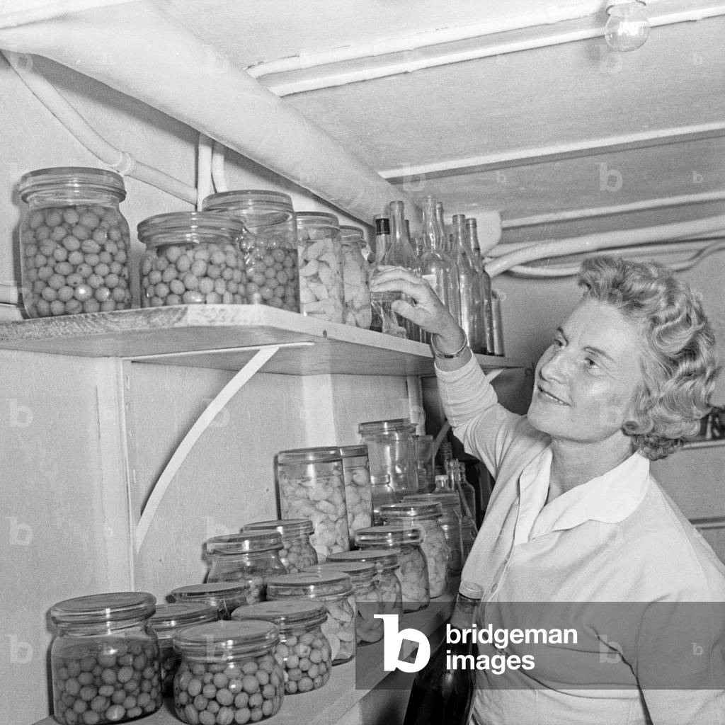 A housewife presenting preserved fruits at the cellar, Germany 1950s