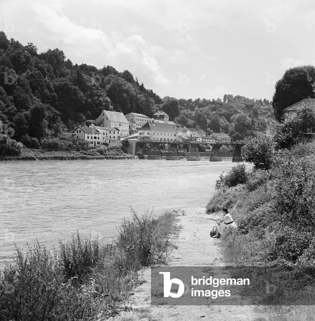 View to river Salzach at Burghausen, Germany 1930s (b/w photo)