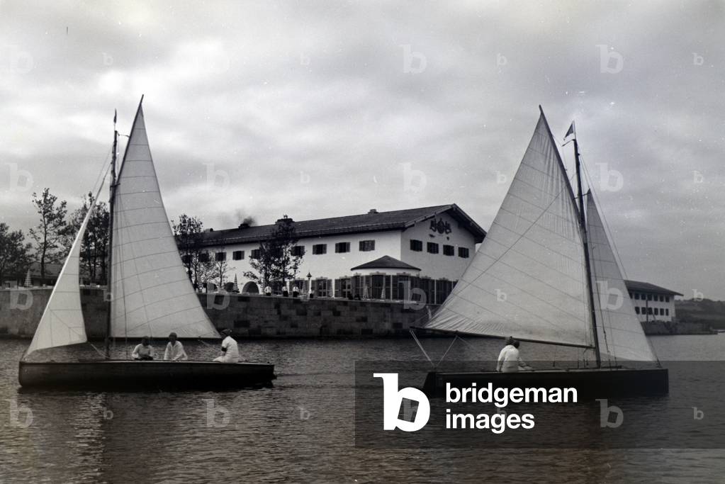 Sailing boats near the coast on the Chiemsee, Germany 1930s (b/w photo)