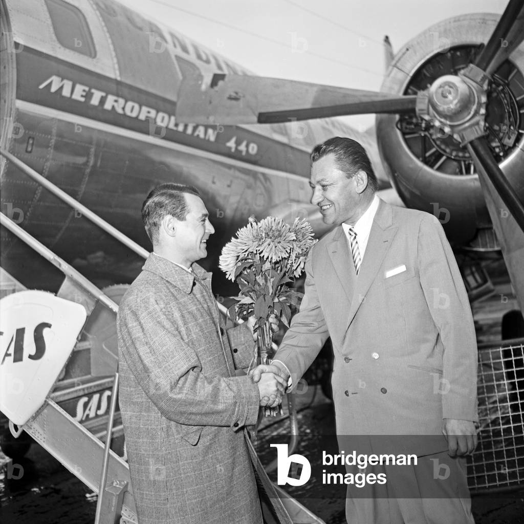 German composer Michael Jary welcomes at Hamburg airport, Germany 1950s