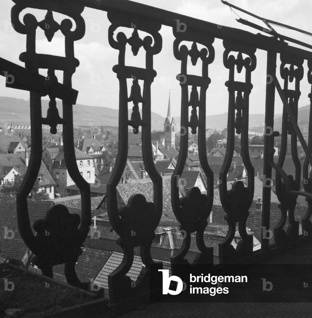 On the way through German landscape and small town, Germany 1930s (b/w photo)