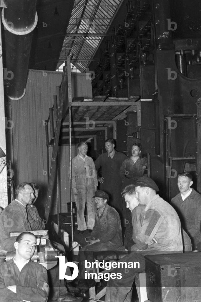 Workers on the Diesel anniversary at the MAN factory at Augsburg, Germany 1930s (b/w photo)