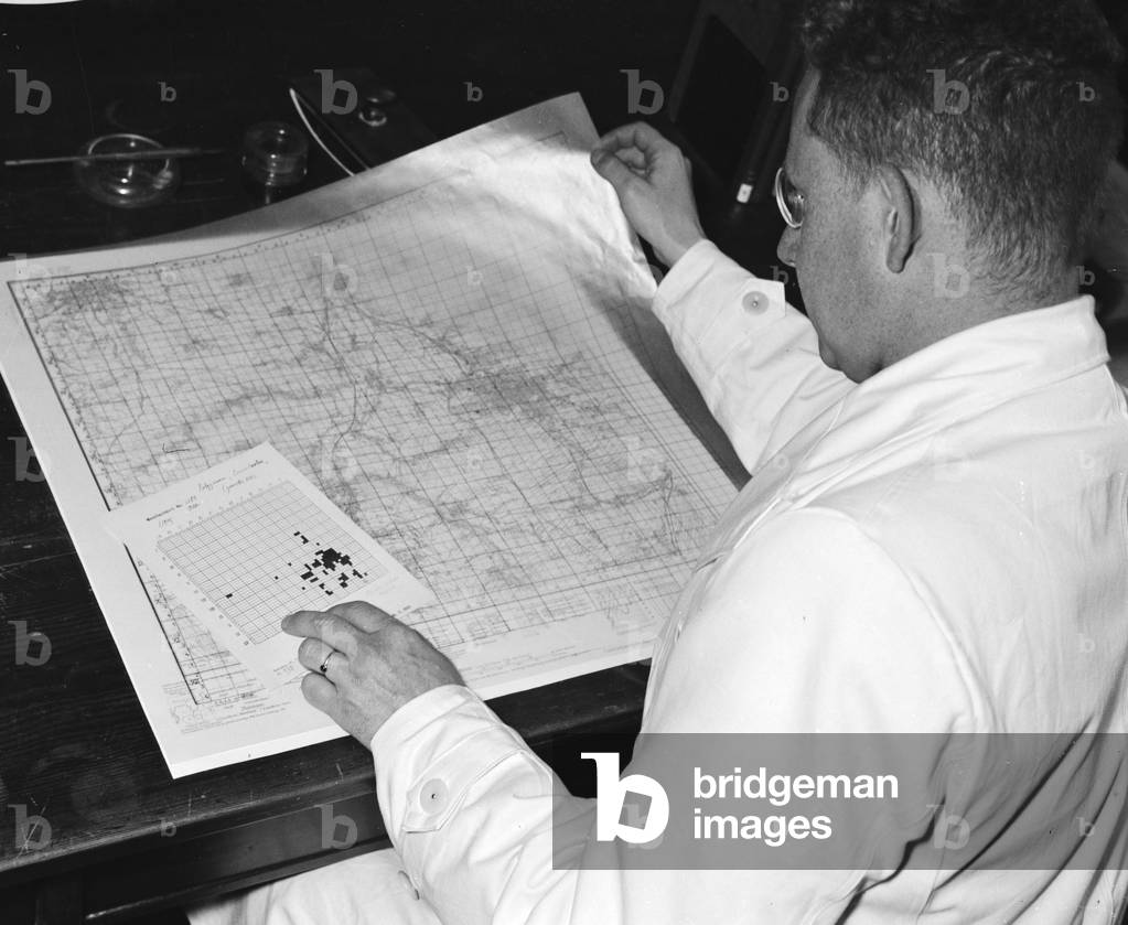 Staff members of a botanical institute in search of plants, after that the plants are processed statistically, Germany 1930s (b/w photo)