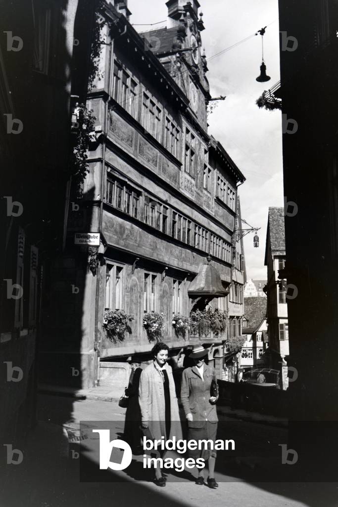 The balcony and astronomical clock of the townhall in Tübingen, Germany 1930s (b/w photo)