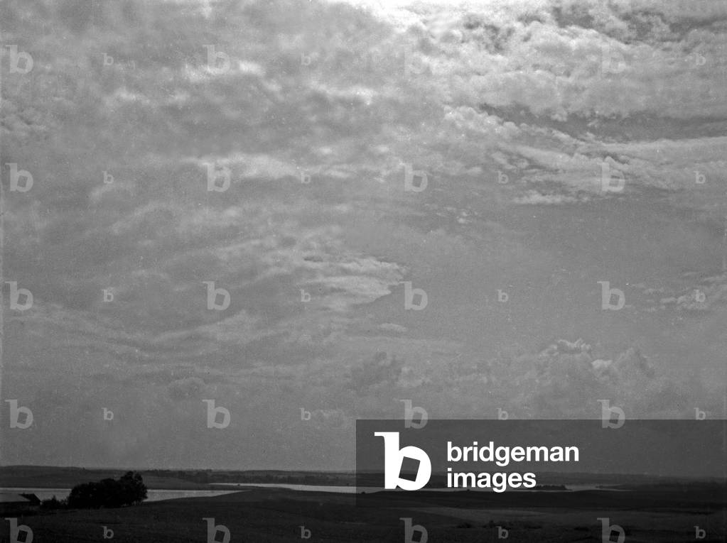 Landscape and big sky near Rhein in Masuria, East Prussia, 1930s (b/w photo)