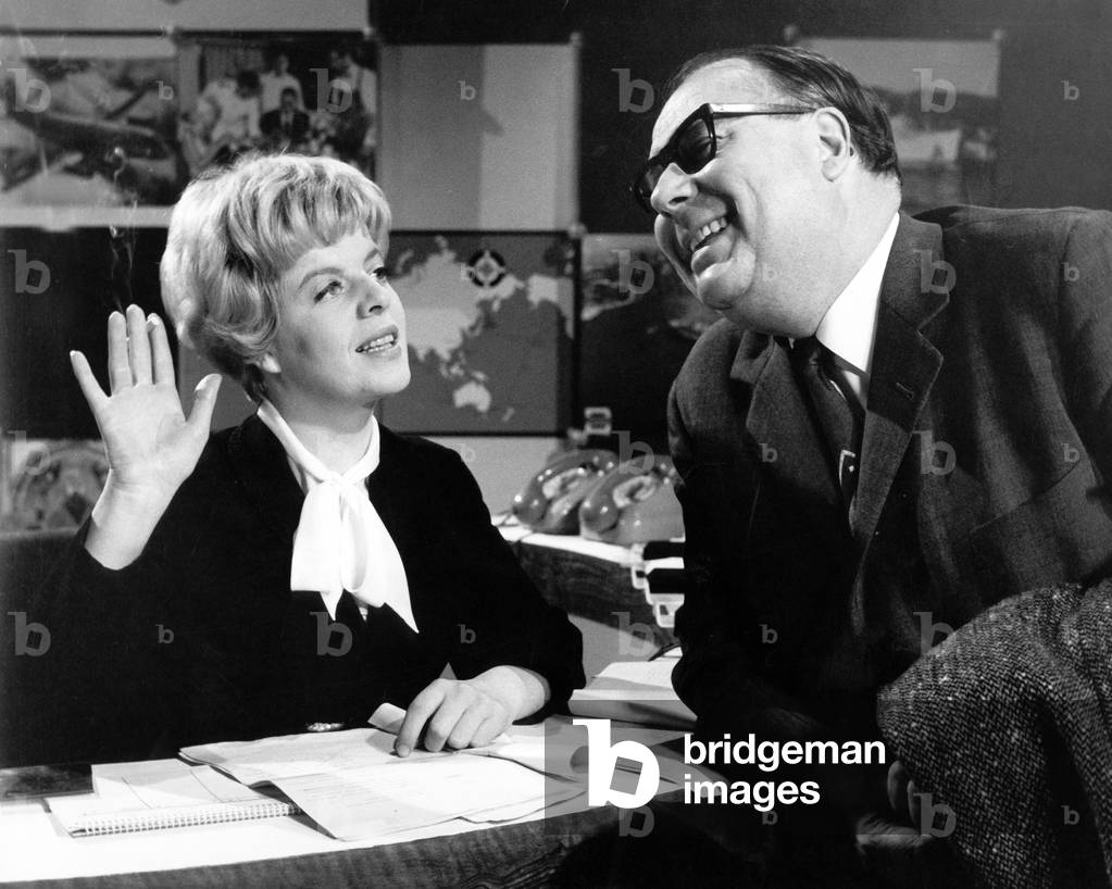German actors Heinz Erhardt and Edith Elsholtz in an travel agency sketch in a German TV show, 1966