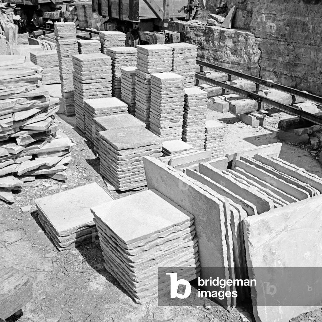 Schist plates at the lithographic limestone stone pit at Solnhofen, Germany 1930s (b/w photo)