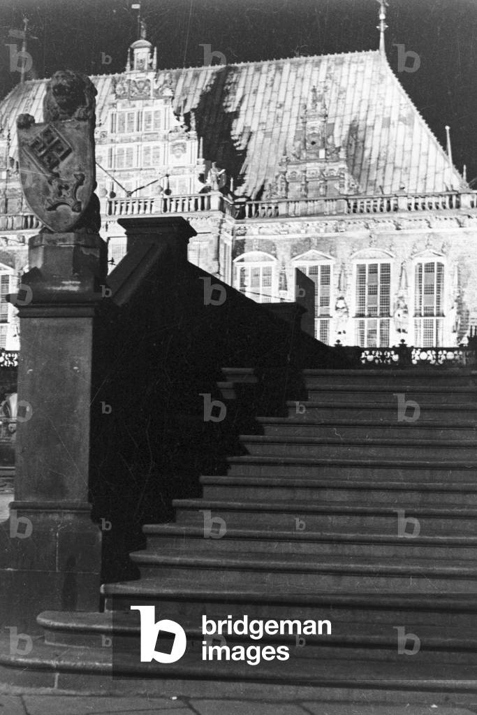 Bremen city hall by night, Germany 1930s (b/w photo)