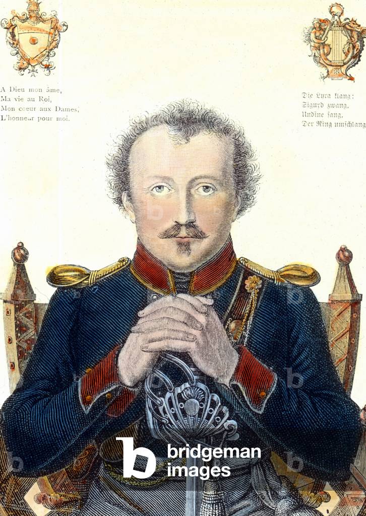 Portrait de Friedrich Heinrich Karl de la Motte, Baron Fouque dit La Motte-Fouque (1777-1843) ecrivain romantique allemand. Eaux forte vers 1820