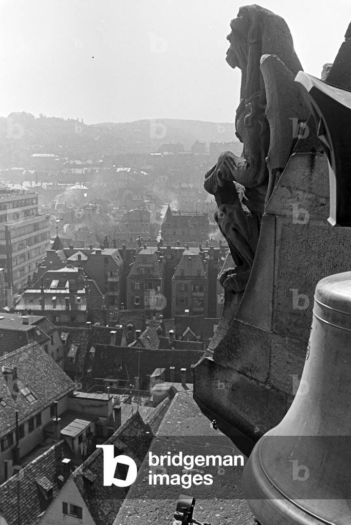 View over the inner city of Stuttgart from the old townhall that was destroyed during the Second World War, Germany 1930s (b/w photo)