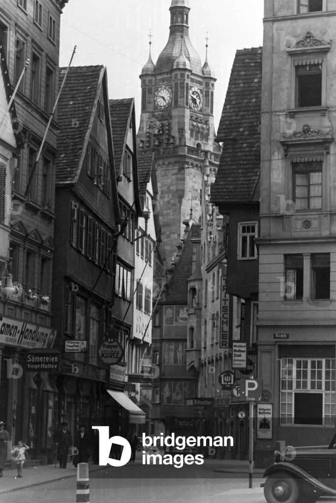 The tower of the old Townhall of Stuttgart that was destroyed during the Second World War, Germany 1930s (b/w photo)