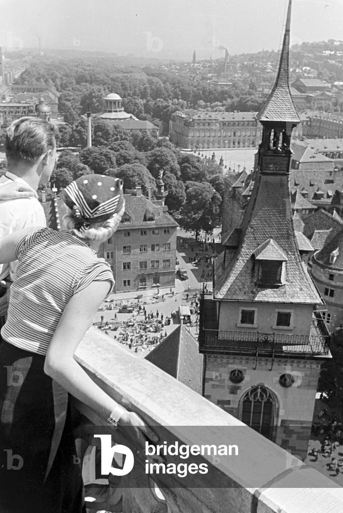 View over the inner city of Stuttgart from the old townhall that was destroyed during the Second World War, Germany 1930s (b/w photo)