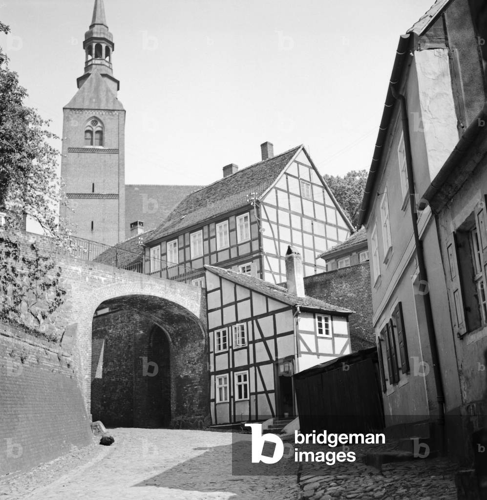 At the city of Tangermuende, Germany 1930s (b/w photo)