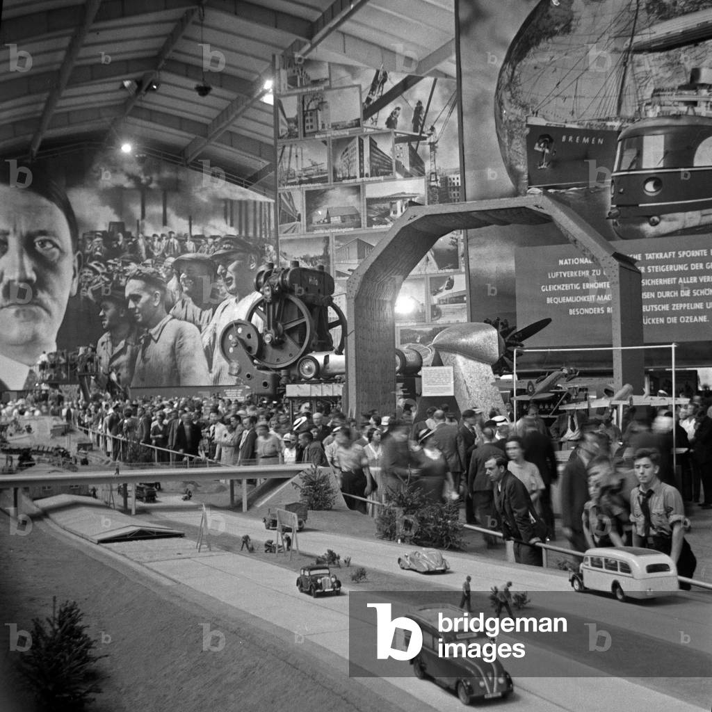 Exhibition with efforts and plans of the national socialist government in Berlin, Germany 1930s (b/w photo)