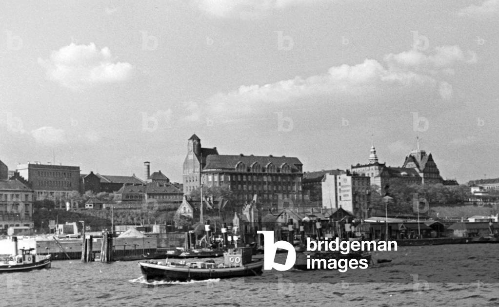 Barges at St Pauli Hamburg port jetty, Germany 1930s (b/w photo)