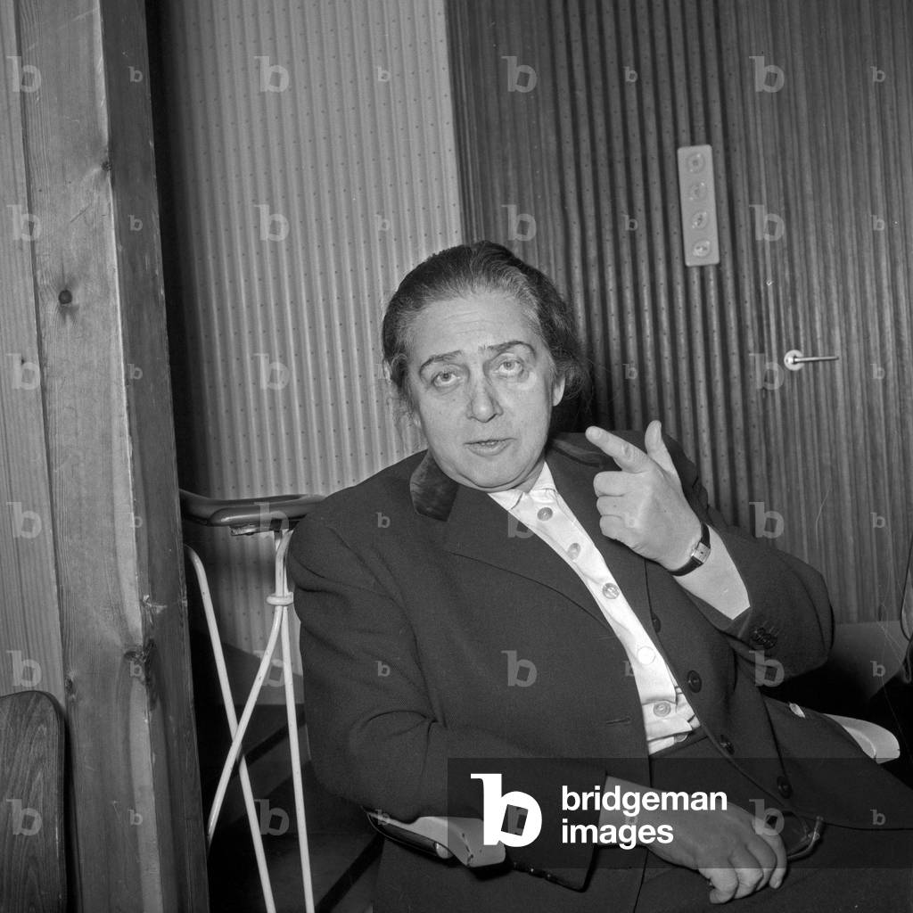 German actress Therese Giehse talking at NDR station in Hamburg, Germany 1950s
