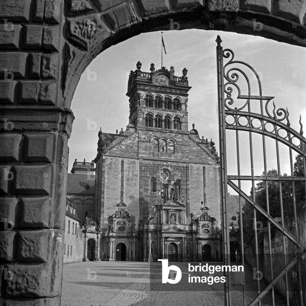 Front of Benedcitine abbey St Matthew at Trier, Germany 1930s (b/w photo)