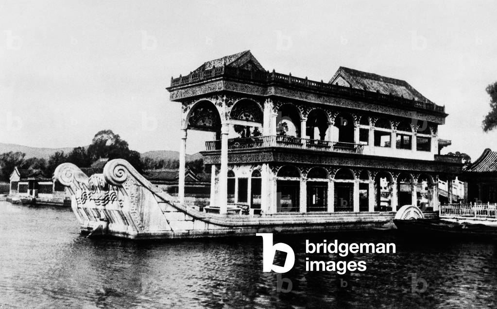 A luxurious house boat on a river, China, 1910s