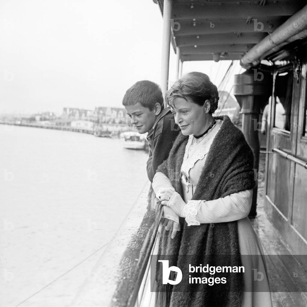 A woman and a boy on the set of German TV movie 