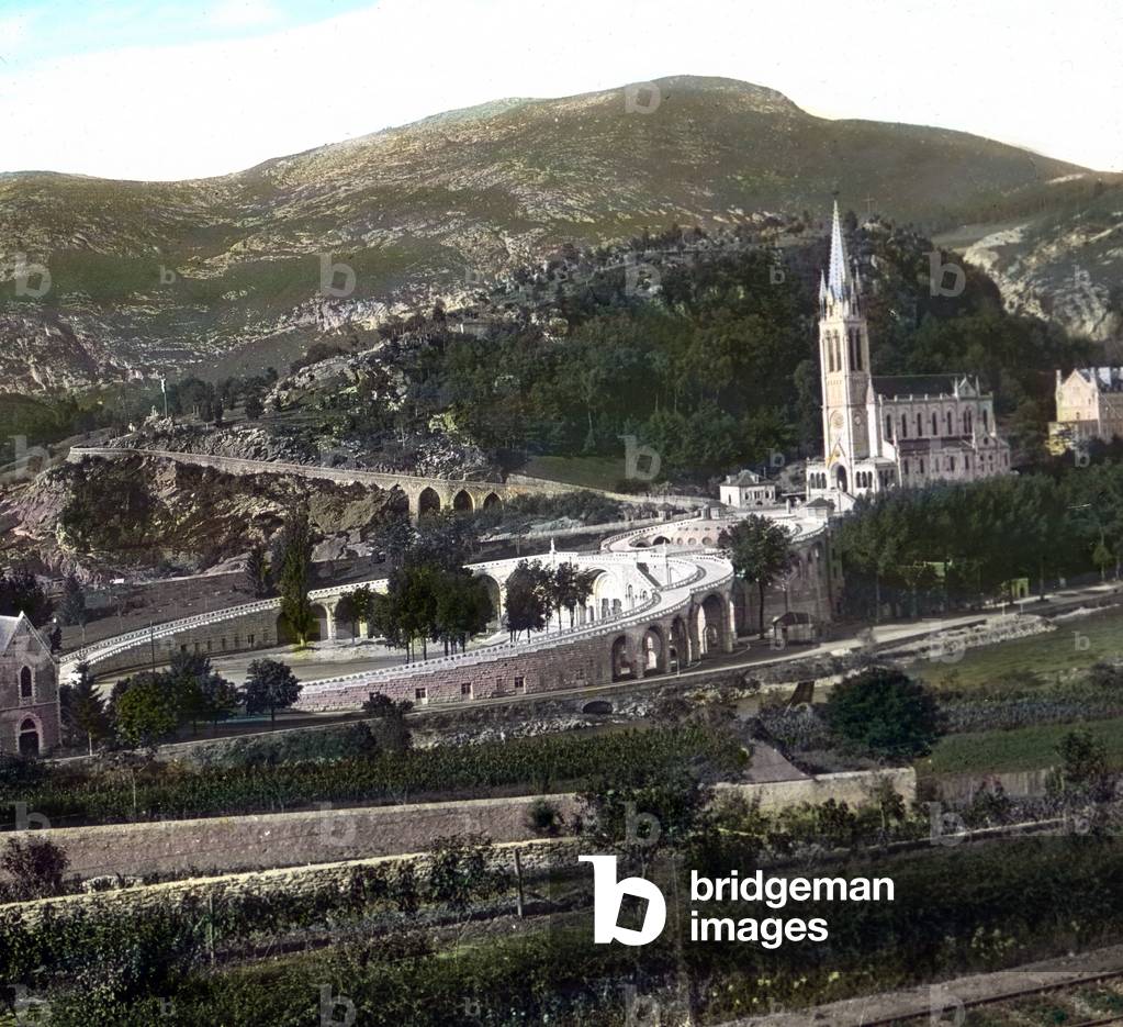 Basilique Notre Dame du Rosaire - Europe, France, Lourdes, pilgrim, pilgrimage, religion, history, historical, 1910s, 1920s, 20th century, archive, Carl Simon, exquisit collection : Bernadette Soubirous, church, basilica, landscape, scenic, orchard, mountain, hill