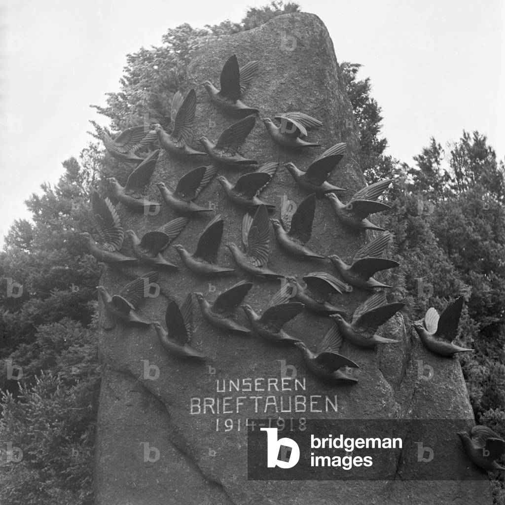 Near the military animal obedience school there is a memorial for the carrier prigeons of World War I, Germany 1940s (b/w photo)