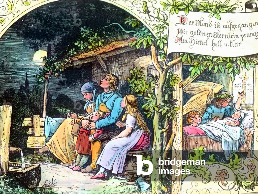 Engraving depicting a family during the evening prayer, Germany 1920s