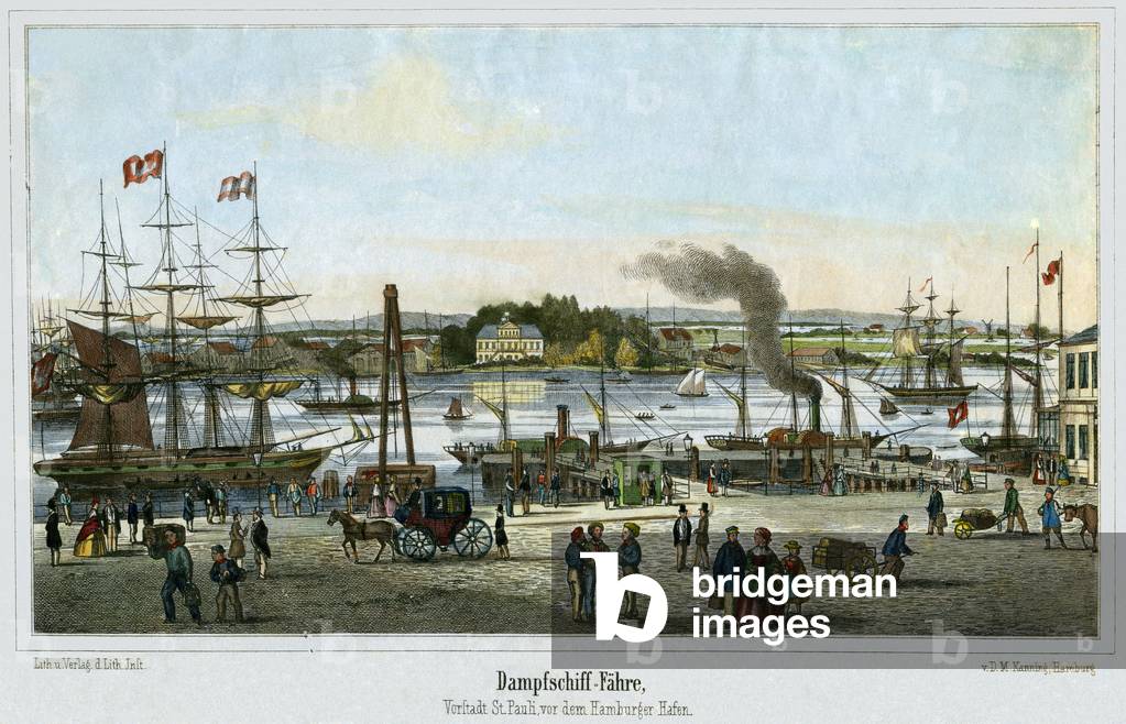 Germany, Hamburg, St. Pauli, landing stage, sailing ships and steamships on the Elbe river, coloured lithography published by Kanning, Hamburg, about 1870